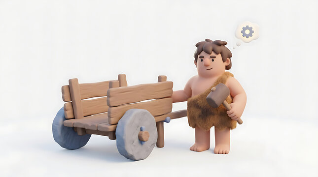 A claymation caveman with a hammer thinks about an invention next to his wooden cart with stone wheels.
