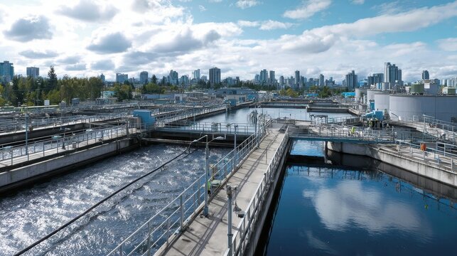 Industrial water treatment facility in a city setting with tanks, walkways, and piping