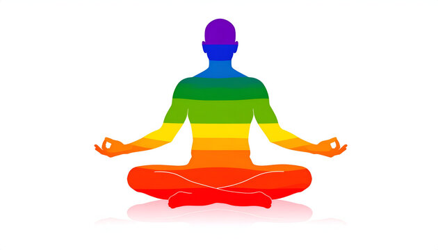 Rainbow Chakra Human Silhouette Meditating in Lotus Pose.