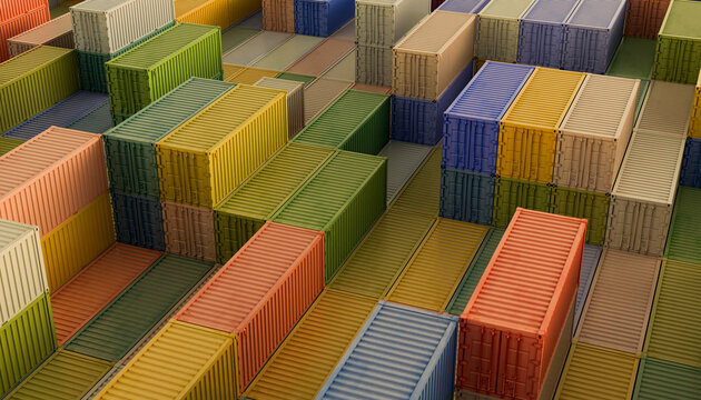 Top view of stacked colorful shipping containers in a terminal