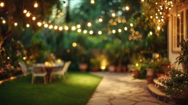 Inviting backyard social scene with decorative string lights, vivid green blur and clean text area