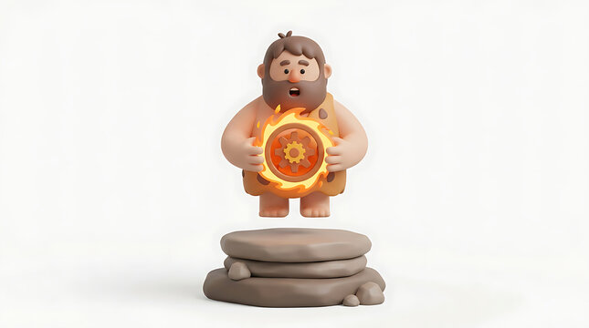 A cartoon caveman character levitates above a stone pedestal, holding a glowing, fiery sun-like object.