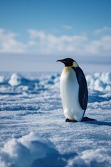 Obraz premium Isolated penguin portrait amid cold Antarctic ice and calm horizon