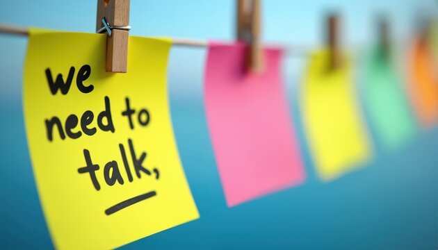 Yellow sticky note with bold text We need to talk, hangs on clothesline. Other colorful notes blur behind. Simple background signals important message.