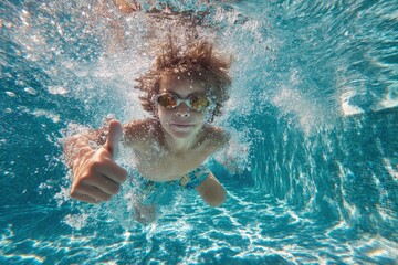 Obraz premium Joyful boy underwater with thumbs up in sunlit pool during summer swim lessons