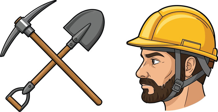 Cartoon miner wearing hard hat with pickaxe and shovel tools