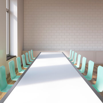 Empty modern conference room with long table and chairs