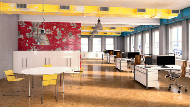 Modern 3d rendering of an empty office workspace with desk