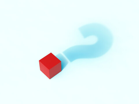 Red cube casting a question mark shadow on white background