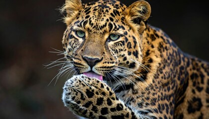 Naklejka premium Close-up of a leopard licking its paw.