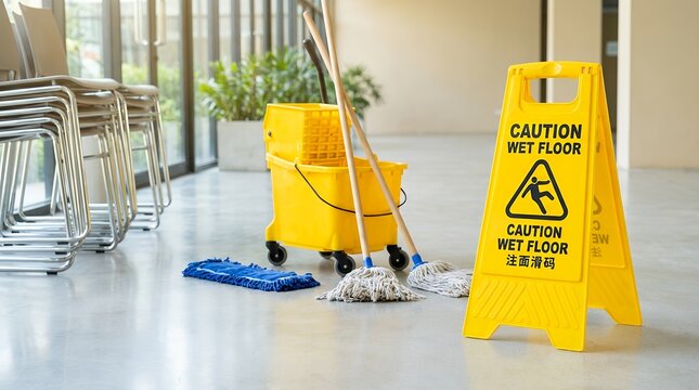 A bright yellow caution wet floor sign stands near a cleaning cart with mops and a blue mop head on a shiny floor safety hazard slippery warning bucket equipment hygiene janitor