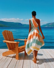 Fototapeta premium Woman standing on a dock in a striped beach towel looking out over a calm summer lake