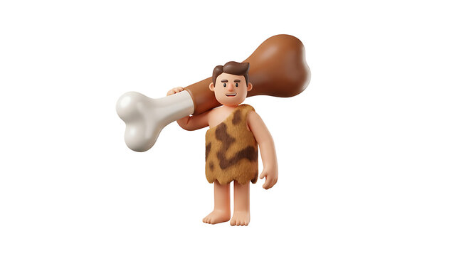 A 3D cartoon caveman character wearing a loincloth, carrying a giant meat drumstick over his shoulder.