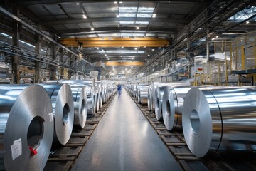 Fototapeta premium Long row of reflective aluminum rolls in a manufacturing workshop