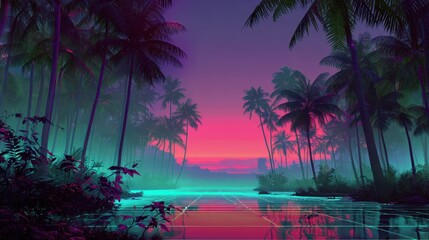 Obraz premium Luminous Jungle Nightscape in Vaporwave Style with Mist and Reflections