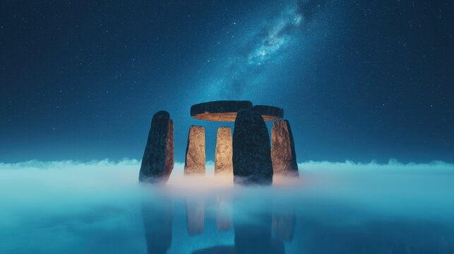 Mist swirling over a glowing circle of ancient stones under the stars.