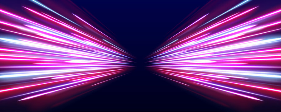 Fast neon waves move across digital highways. Sparks emphasize energy and motion flow. City feels dynamic.