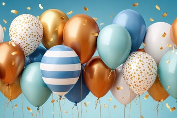Fototapeta premium Festive blue and gold balloons with confetti for party celebration and joyful event decoration