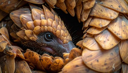 Close-up of a pangolin curled up.
