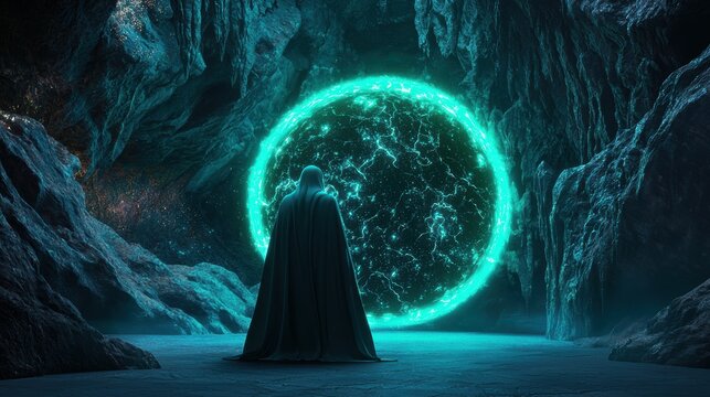Fantasy mage casting light into the darkness of a vast underground chamber.