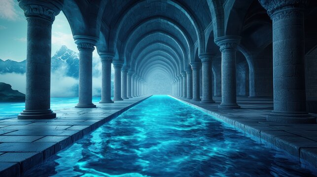 Dark hall with endless arches, leading deeper into a realm of magic and mystery.