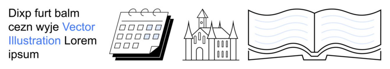 Obraz premium Education, planning, architecture, events, referencing, spirituality. Calendar, detailed church building and an open book with abstract text. Education and planning conceptual