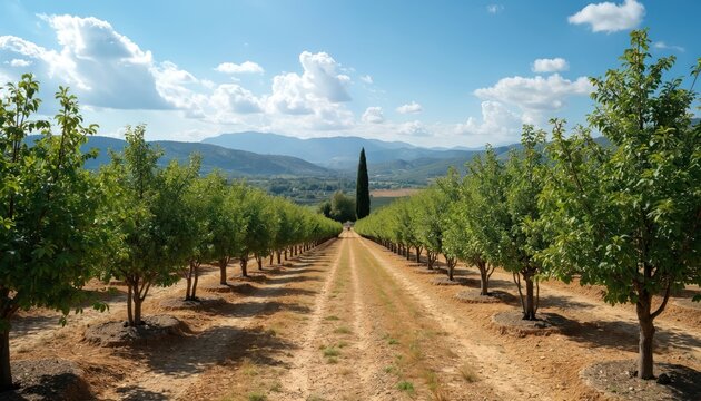 Rows of young walnut trees grow in a Mediterranean high plateau. A dirt road leads through the orchard towards distant mountains under a blue sky.