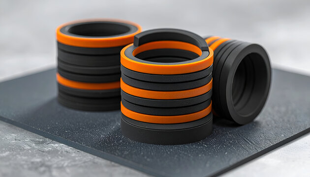 Close-up of stacked rubber O-rings with orange and black layers.