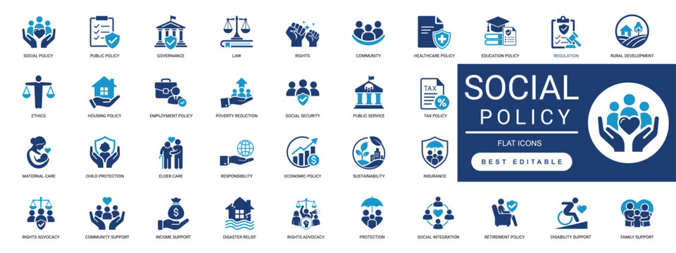 social policy icon set. community support, welfare, rights, justice, inclusion, equality, public, government, protection. editable solid vector illustration.