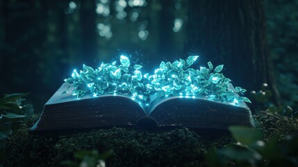 Fototapeta premium Magical book glowing as pages turn on their own in a hidden library