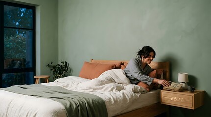 Obraz premium Minimalist Bedroom Interior with Person Putting Away Book, Sage Green Walls and Terracotta Bedding, Mental Health and Digital Detox Concept