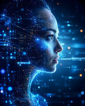 Futuristic side profile of woman with glowing digital network nodes on face