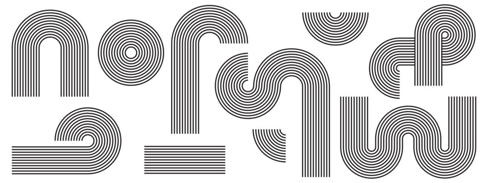 Zen-inspired abstract line patterns with organic shapes and geometric arches. Minimalist vector design featuring balanced curves, retro waves, and boho elements for modern graphics.