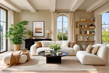Fototapeta premium Cozy modern living room with curved cloud-like sofas, neutral decor and abundant natural light