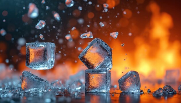 Clear ice cubes freeze mid air against bright orange fire and dark background. Cubes tumble and shatter creating sharp fragments and tiny water drops. Frosty water melts.