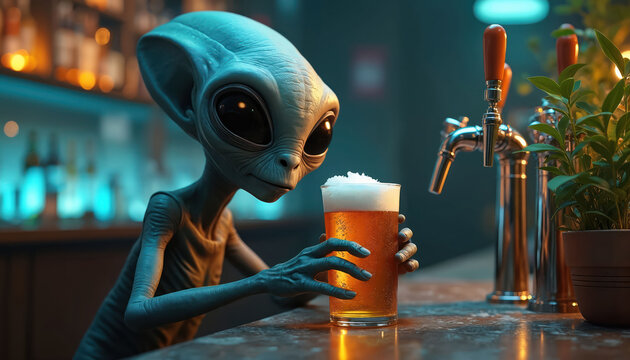 Grey alien with big eyes sits at bar counter holding pint glass with beer. Extraterrestrial relaxes by pub taps and plants at night. Concept fun leisure.
