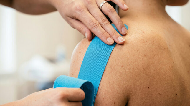 Close-up of physiotherapist's hands applying kinesiology tape to woman's shoulder, professional rehabilitation, sports injury treatment and physical therapy concept