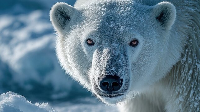 Realistic Detailed Close up Polar Bear Face with Icy White Fur and Powerful Gaze in Arctic Environment Wildlife Portrait