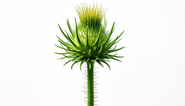 Green thistle bud with spiky bracts on thin stem isolated on white background. Shows plant detail and new natural growth. Botanical element for design.