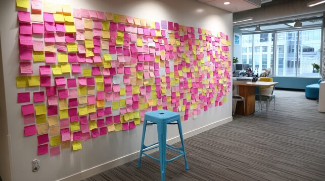 Large wall covered with colorful sticky notes in a modern office space