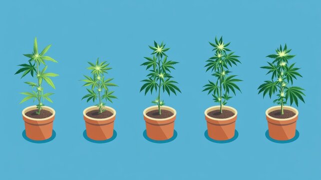 Isometric vector sequence of cannabis ripening phases with plant morphology changing in each pot, modern flat style