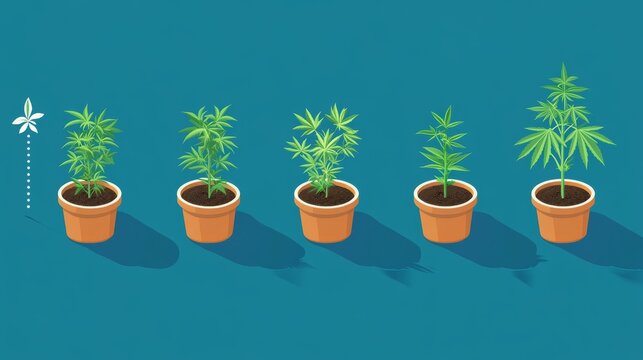 Isometric vector sequence of cannabis ripening phases with plant morphology changing in each pot, modern flat style