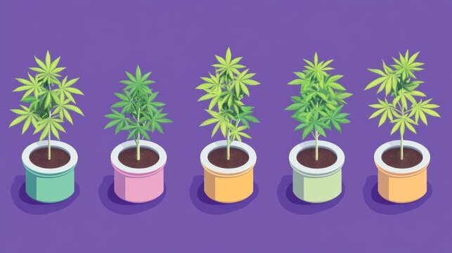Isometric vector sequence of cannabis ripening phases with plant morphology changing in each pot, modern flat style