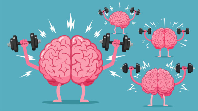 Mental strength concept vector, human brain character lifting heavy dumbbells, brain training and cognitive health illustration set