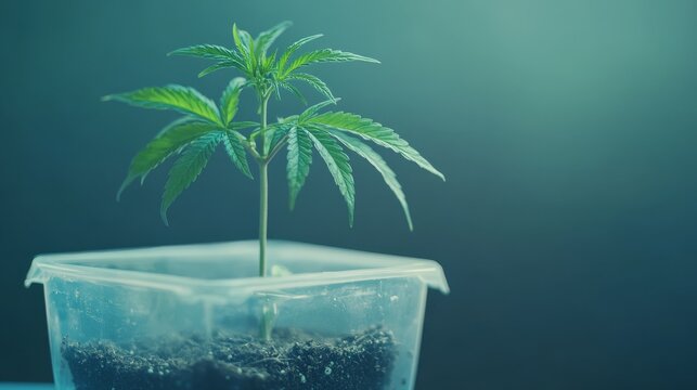 Young marijuana plant in a plastic container with visible soil texture, early vegetative stage, set on a neutral background