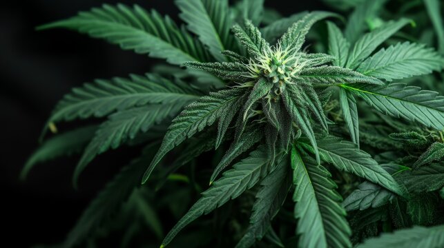 Isolated image of mature marijuana plant in a black grow pot, thick leafy canopy and detailed trichomes under bright lighting