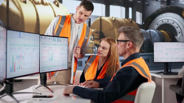 Engineers Carefully Monitoring Gas Power Plant In Control Room