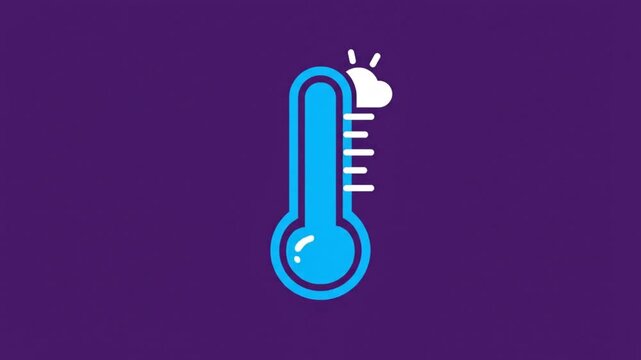 Thermometer rising to show a warming weather forecast with sunny cloud icon against purple background