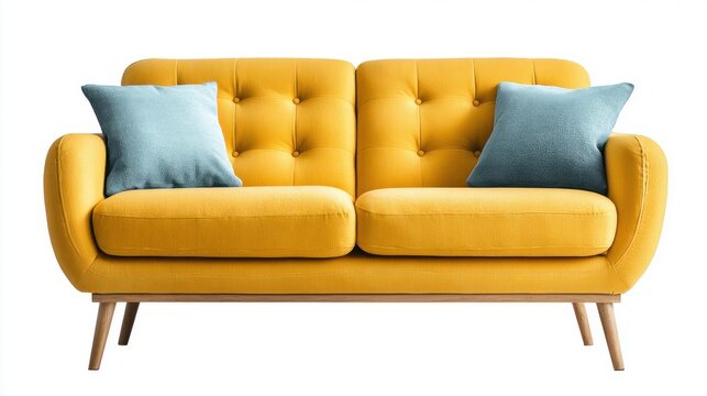 Vibrant yellow tufted sofa with light blue accent pillows on white background