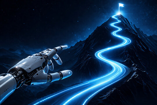 An advanced metallic robot arm points at an illuminated blue winding road climbing a rocky mountain terrain toward a glowing destination flag showing technological progress